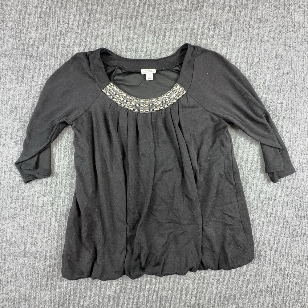 Creative Design Works Blouse Womens Large Black Beaded Rhinestone Tunic Top